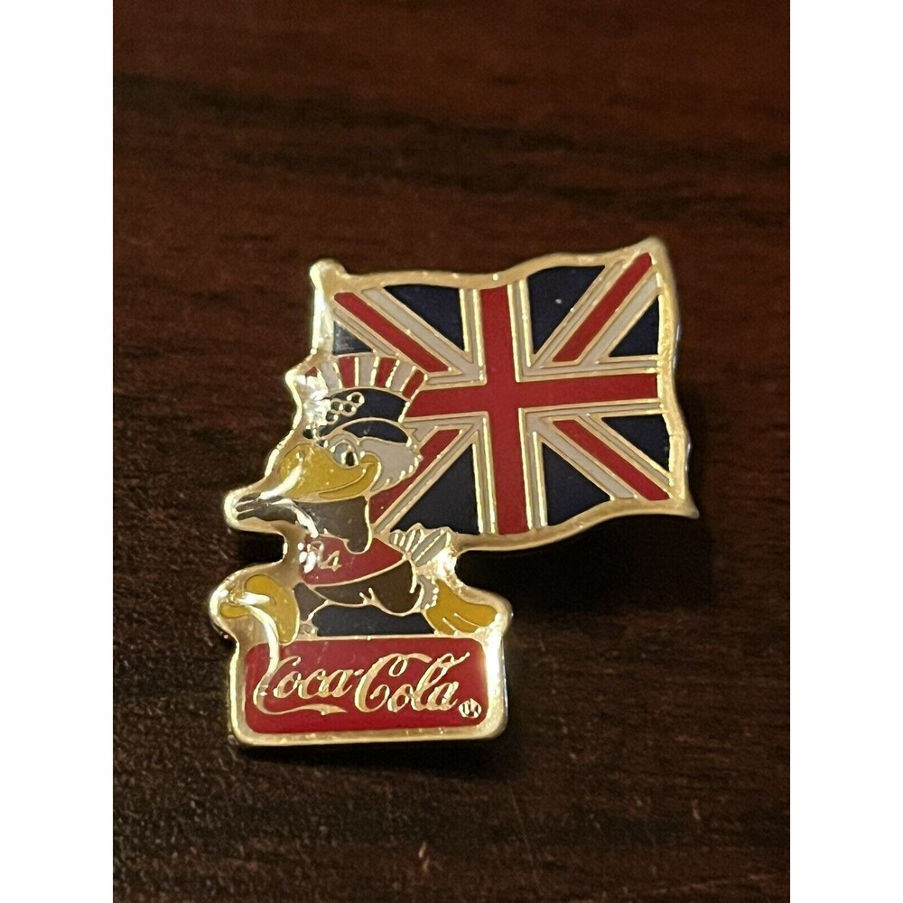 Vintage Los Angeles Olympics Coca Cola Sam Eagle Great Britain Flag Lapel Pin
